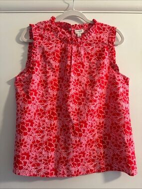 J. Crew Pink & Red Floral Linen Blend Ruffle-Neck Top